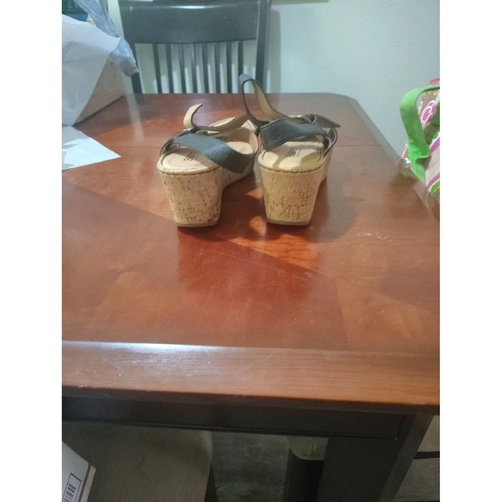Born Womens Black Leather Cork Wedge Sandals Ankle Strap Buckle‎ Shoes Size 9
